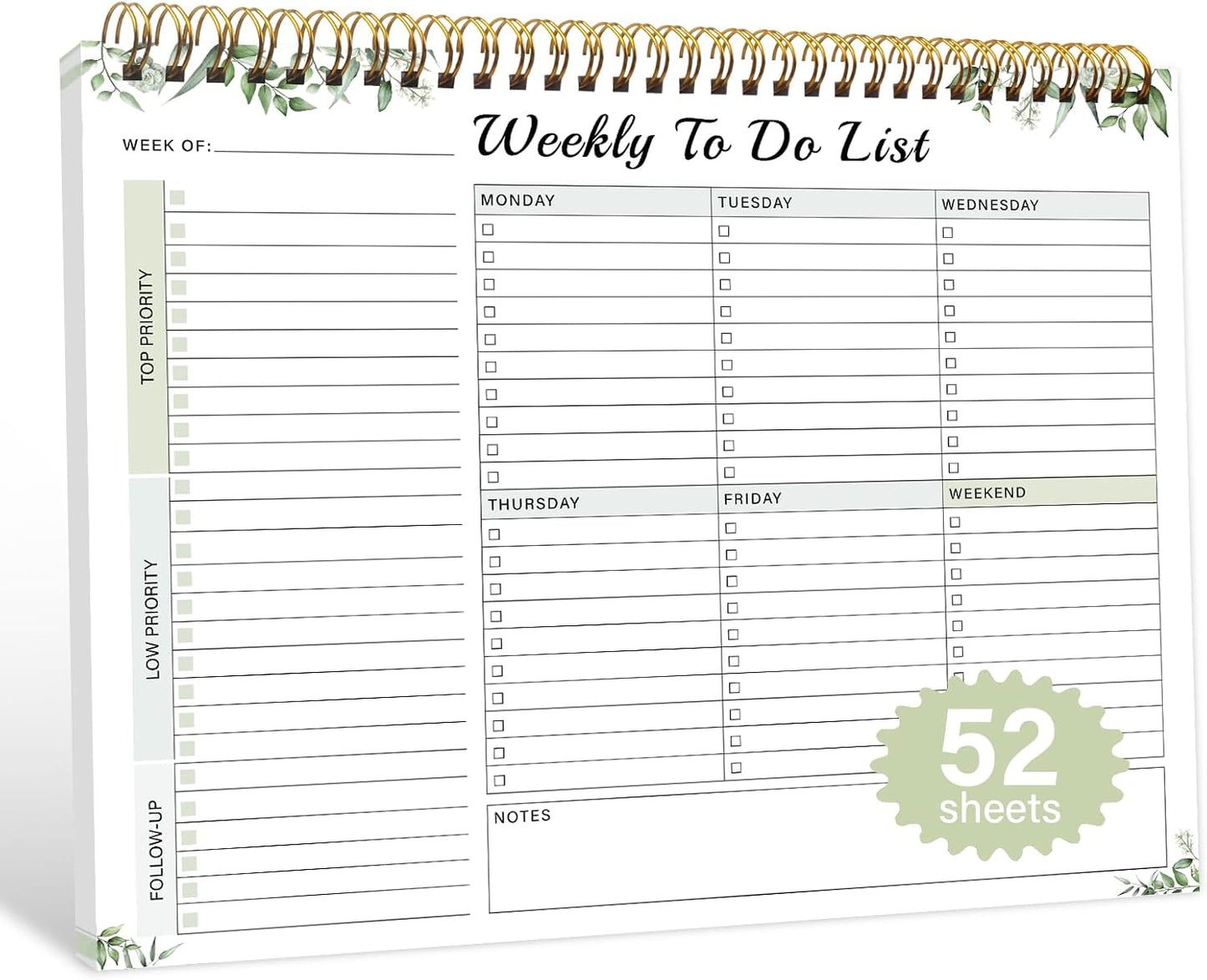 Weekly To Do List Notepad with 52 Undated Sheets（8.5"×11"）- Weekly Desk Planner Pad with Spiral Binding for Women & Man, Office, School and Home Personal Organizer