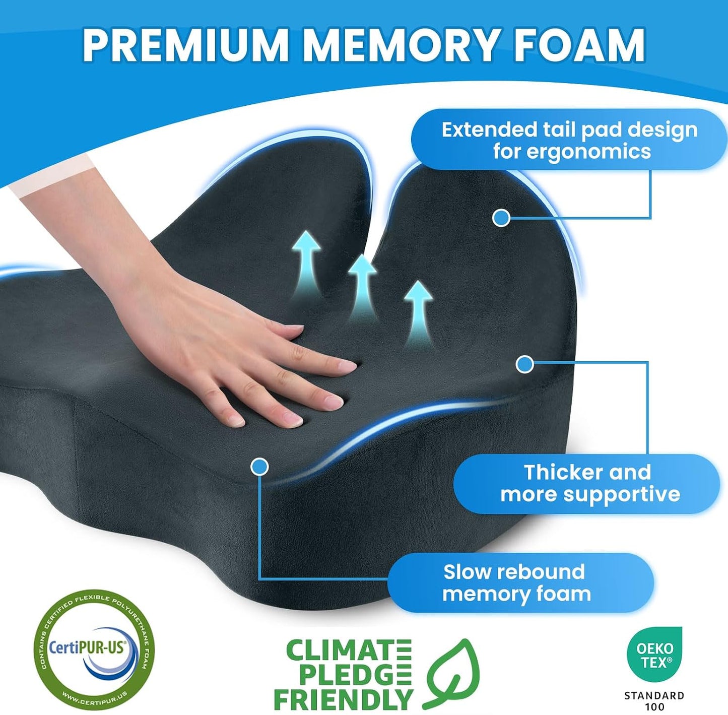 CushZone Seat Cushion, Ergonomic Memory Foam Seat Cushions for Office Chairs, Car, Long Trip, Desk Chair, Lab, Extra Large Size for Sciatica & Hip & Tailbone Pain Relief, Sciatica Support (Black)