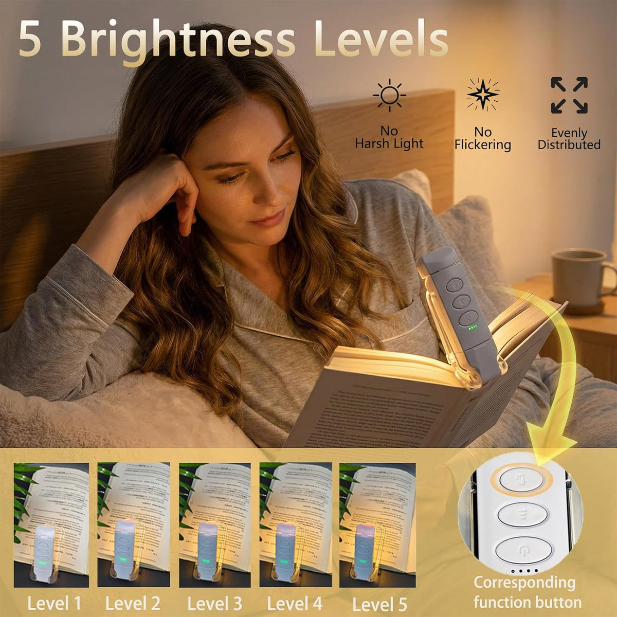 USB Rechargeable Book Light, Portable Clip-on LED Reading Light, Reading Lights for Books in Bed with 3 Amber Colors & 5 Brightness Dimmable, Compact & Long Lasting, Perfect for Book Lovers (Pink)
