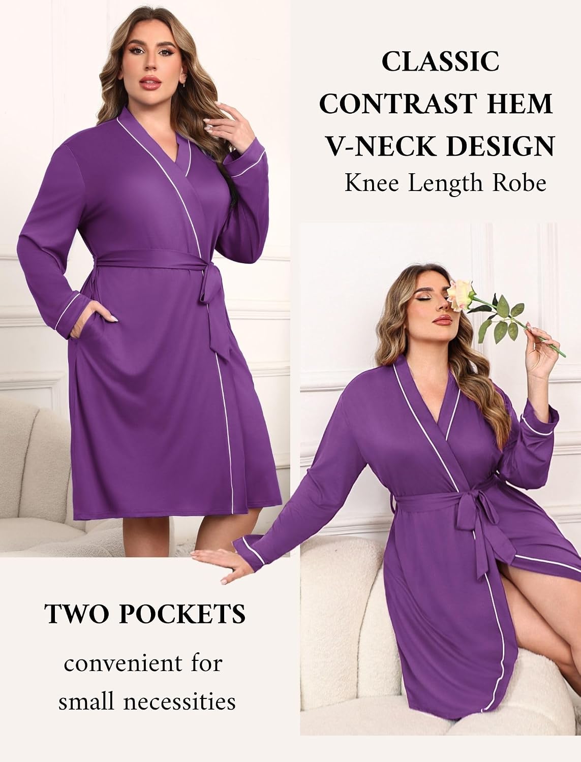 Ekouaer Plus Size Robes for Women Soft Bathrobe V Neck Soft Maternity Robe