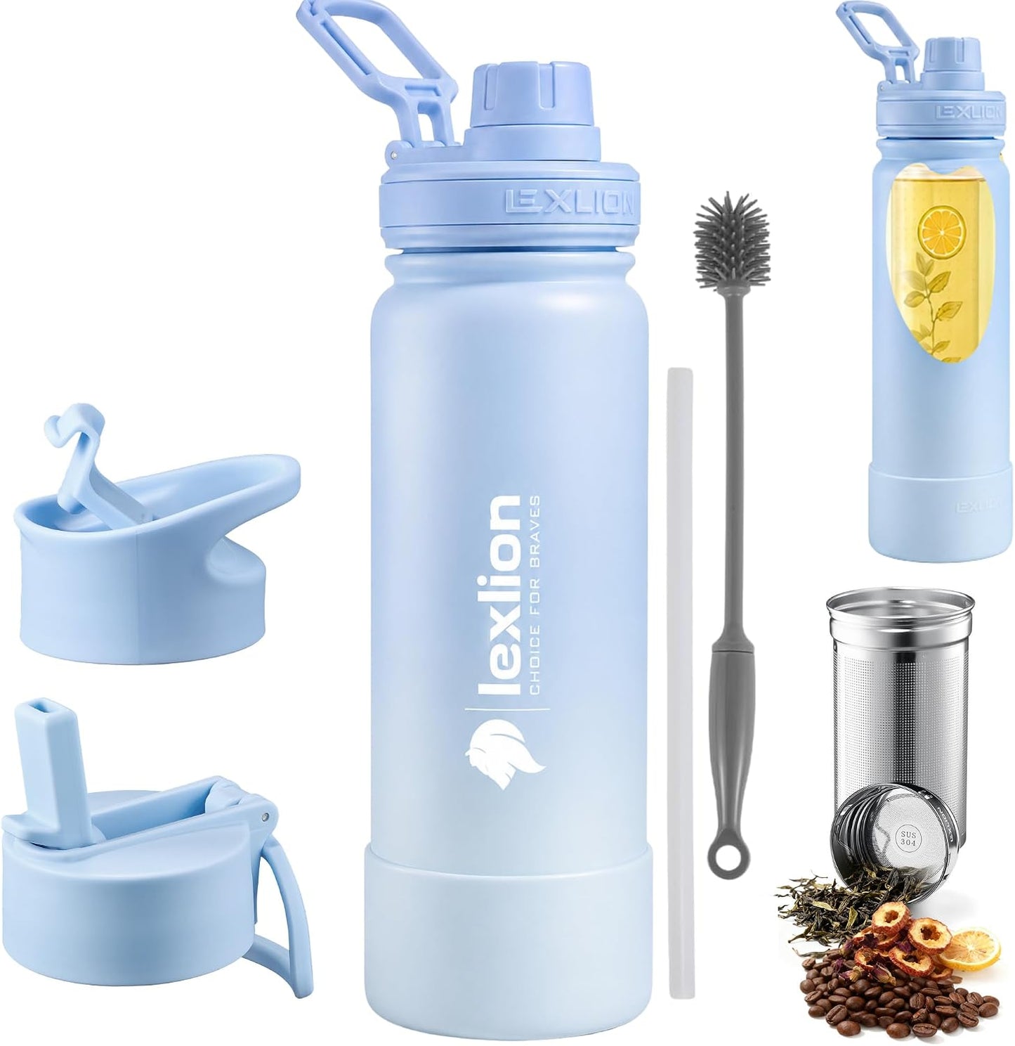 Lexlion Tea Infuser Water Bottle 32 Oz – Triple Wall Insulated Stainless Steel, Loose Leaf & Fruit Strainer, 3 Leakproof Lids, BPA-Free Silicone Sleeve, Reusable Thermal Mug