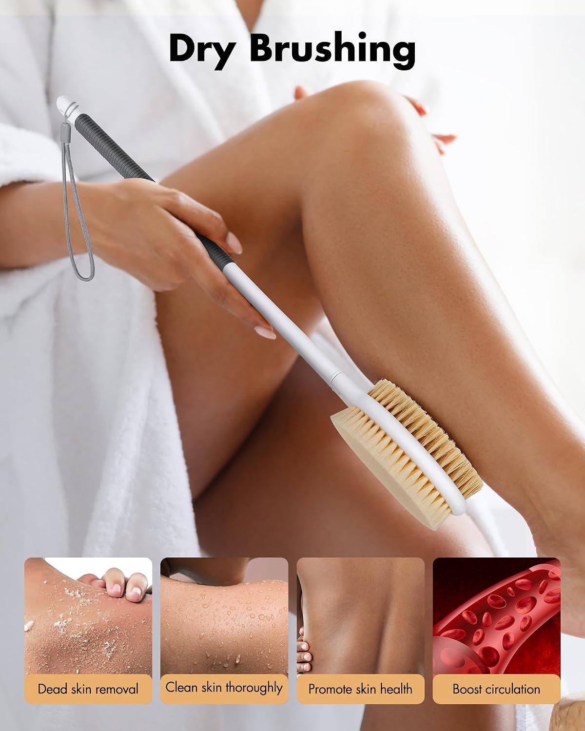 Dry Brushing Body Brush for Massage - Natural Boar Bristle Exfoliating Brush with Massage Nodes for Lymphatic Drainage, Cellulite, Blood Circulation Improving Skin Health for Women Men Elderly(Grey)