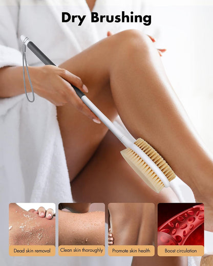 Dry Brushing Body Brush for Massage - Natural Boar Bristle Exfoliating Brush with Massage Nodes for Lymphatic Drainage, Cellulite, Blood Circulation Improving Skin Health for Women Men Elderly(Grey)