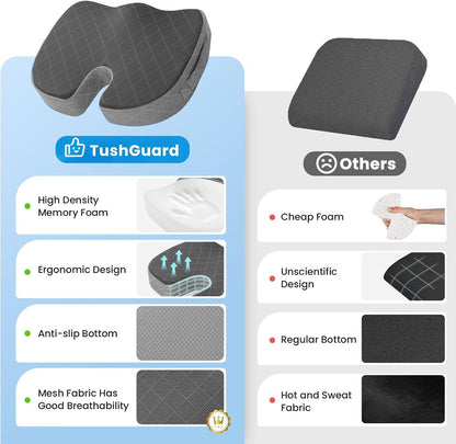TushGuard Seat Cushion - Memory Foam Sitting Pillow for Office Chair, Car Seat, Airplane, Bleacher - Sciatica & Hip & Coccyx Pain Relief Desk Chair Cushion for Long Sitting Office Workers, Car Drivers