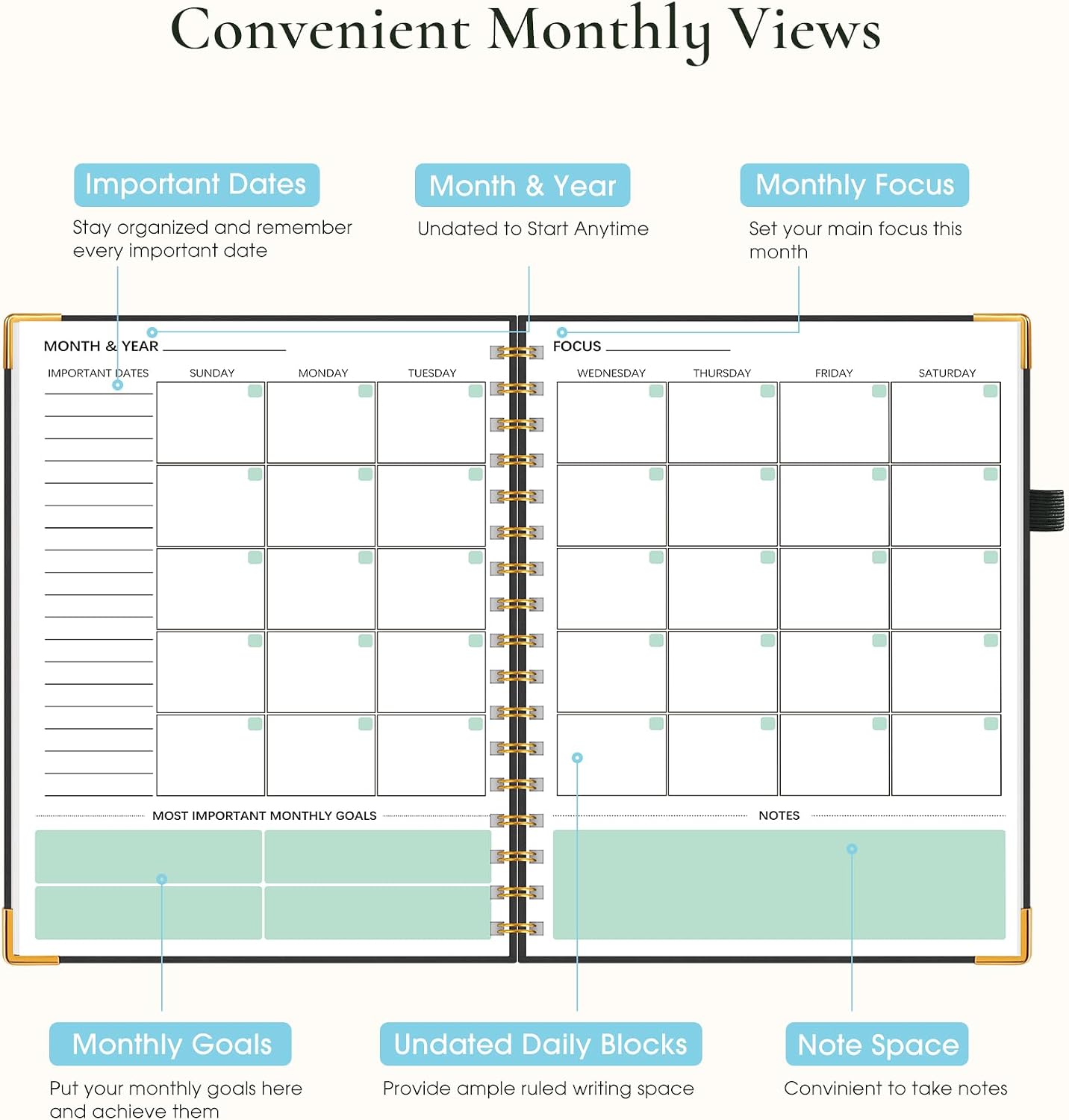 Undated Weekly Planner, Hardcover Leather Weekly & Monthly Calendar Blank Planner, To Do List Notebook with Goal & Habit Tracker Organizer, A5 Daily Planner with Spiral Binding, Ideal for Work School Home, Black
