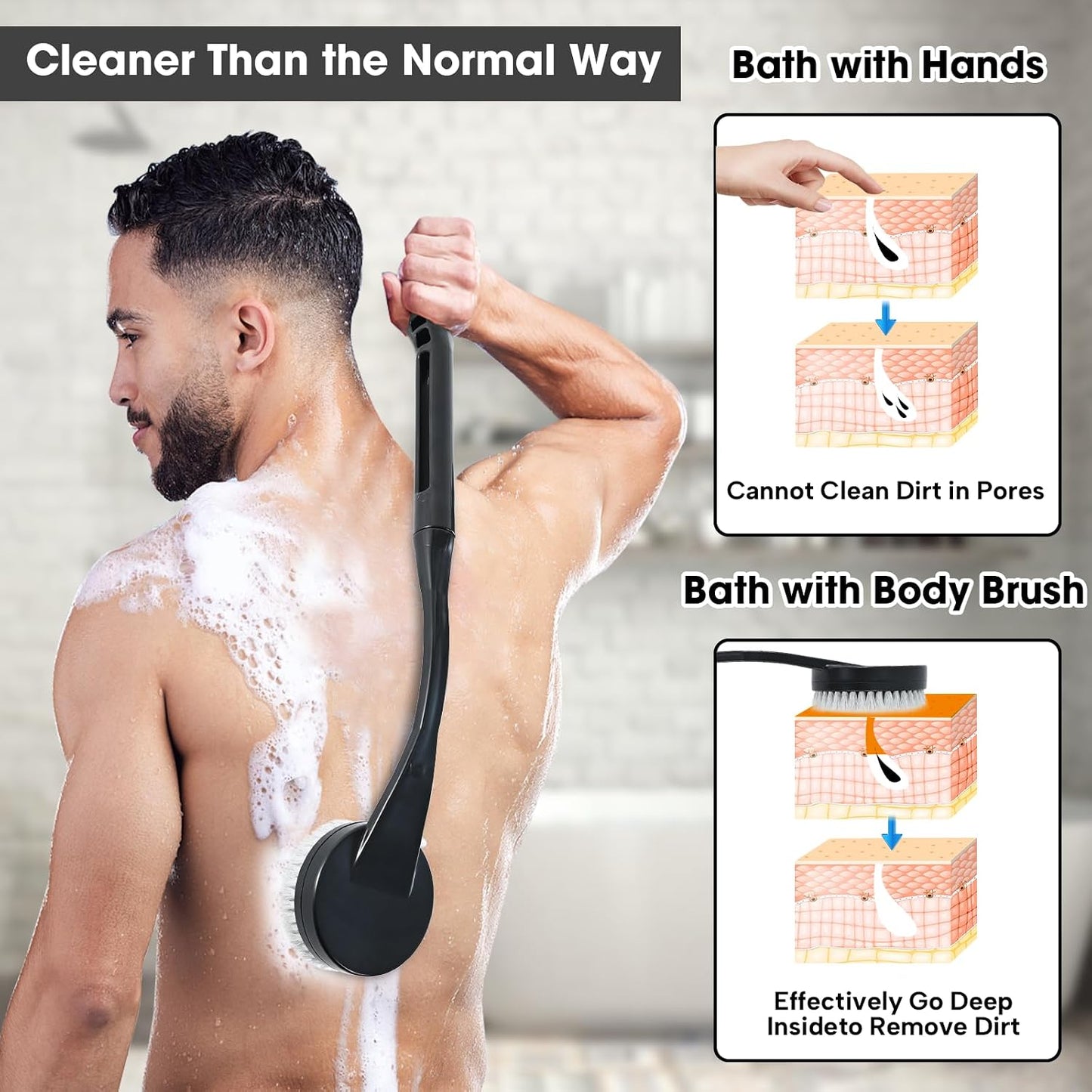 Gobiteli Back Scrubber for Shower,20.5" Long Handle Shower Brush for Body for Deep Clean,Back Brush for Shower for Men Women(Grey)