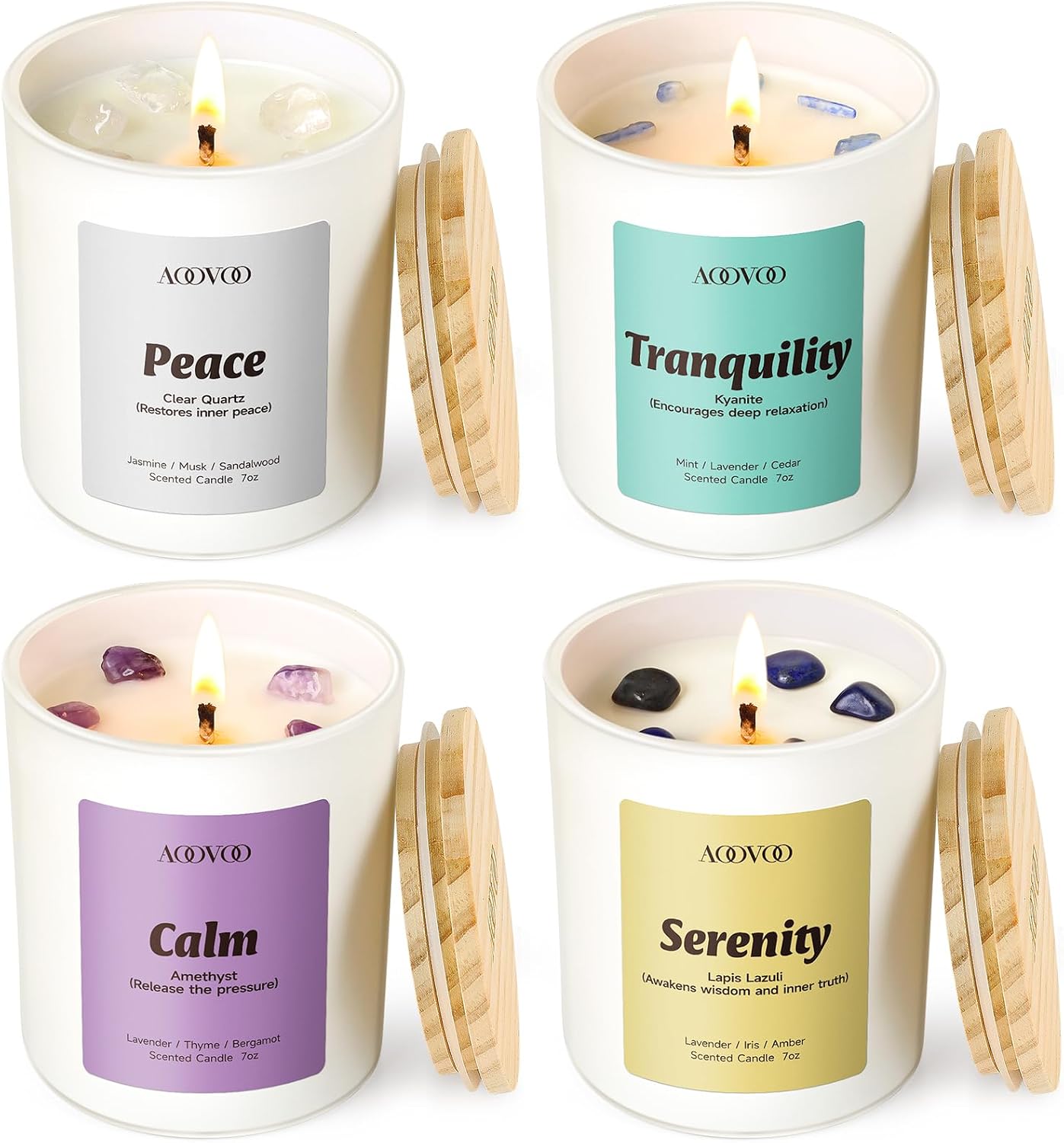 AOOVOO Calm Candles Set for Women - 4 Pack Candles for Home Scented, 28 oz 200 Hour Burn, Aromatherapy Candle with Crystals, Lavender Calm/Jasmine Serenity/Water Lily Pear Harmony/Patchouli Balance