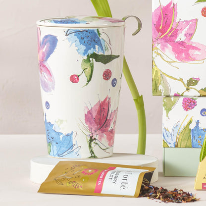 Tea Forte Double-Walled Ceramic Kati Cup, Removable Stainless Steel Infuser Basket and Lid, Steeps 12 oz Loose Leaf Tea, Dishwasher & Microwave Safe, Cherry Blossom