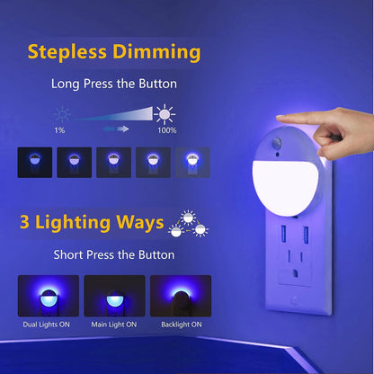 YUNLEX 2 Pack Plug in Sleep Night Light with Motion Sensor and Dusk to Dawn Sensor, 3 Modes, Soft Glow, Stepless Dimming, LED Lights for Bedroom, Sleep, Baby Nursery, Kids, Toddler, Home Decor (Amber)