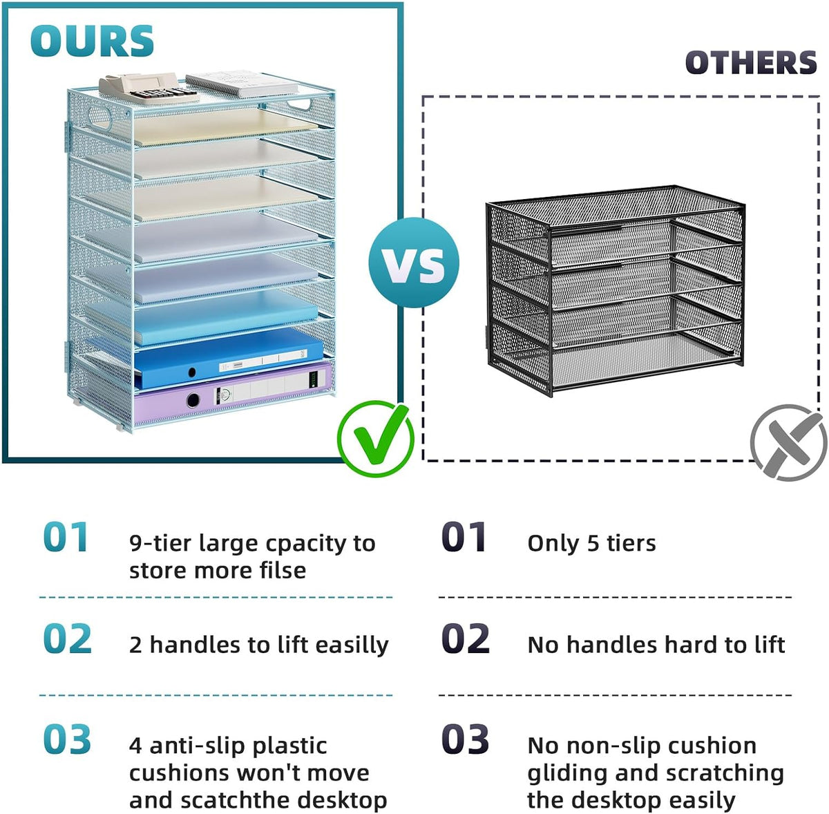 Marbrasse 6 Tier Paper Organizer Letter Tray - Mesh Desk File Organizer with Handle, Paper Sorter Organizer for Letter/A4 Office File Folder Holder - Black