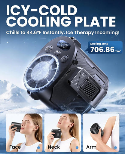 Portable Waist Fan with Ice Cooling, 4-in-1 Clip-On Fan for Car/Shirt/Hat/Belt, 16000RPM Strong Airflow, 12H Runtime, 100 Speed Settings, Wearable Fan for Outdoor Work, Camping, Travel Black