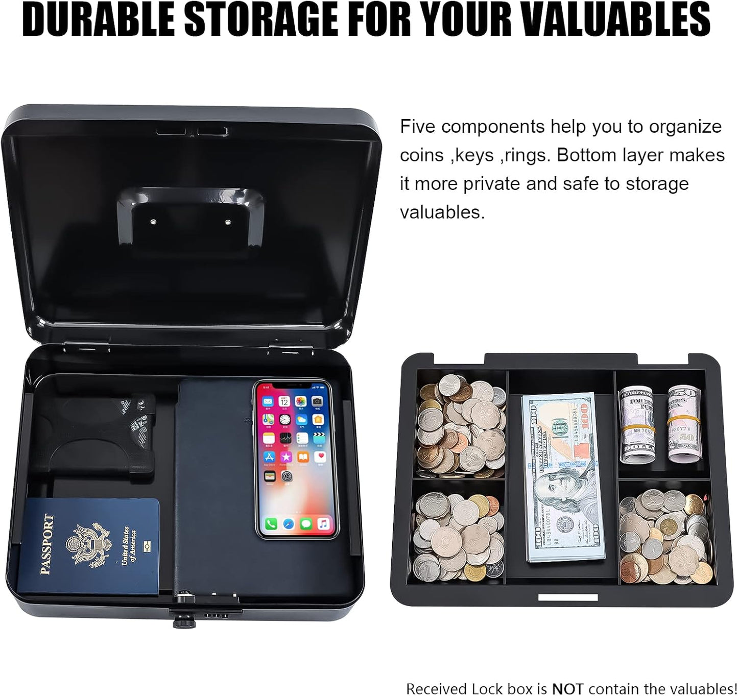 KYODOLED Cash Box with Combination Lock Safe Metal Money Box with Money Tray for Security Lock Box 7.87"x 6.30"x 3.35" Black
