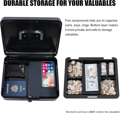 KYODOLED Cash Box with Combination Lock Safe Metal Money Box with Money Tray for Security Lock Box 7.87"x 6.30"x 3.35" Black