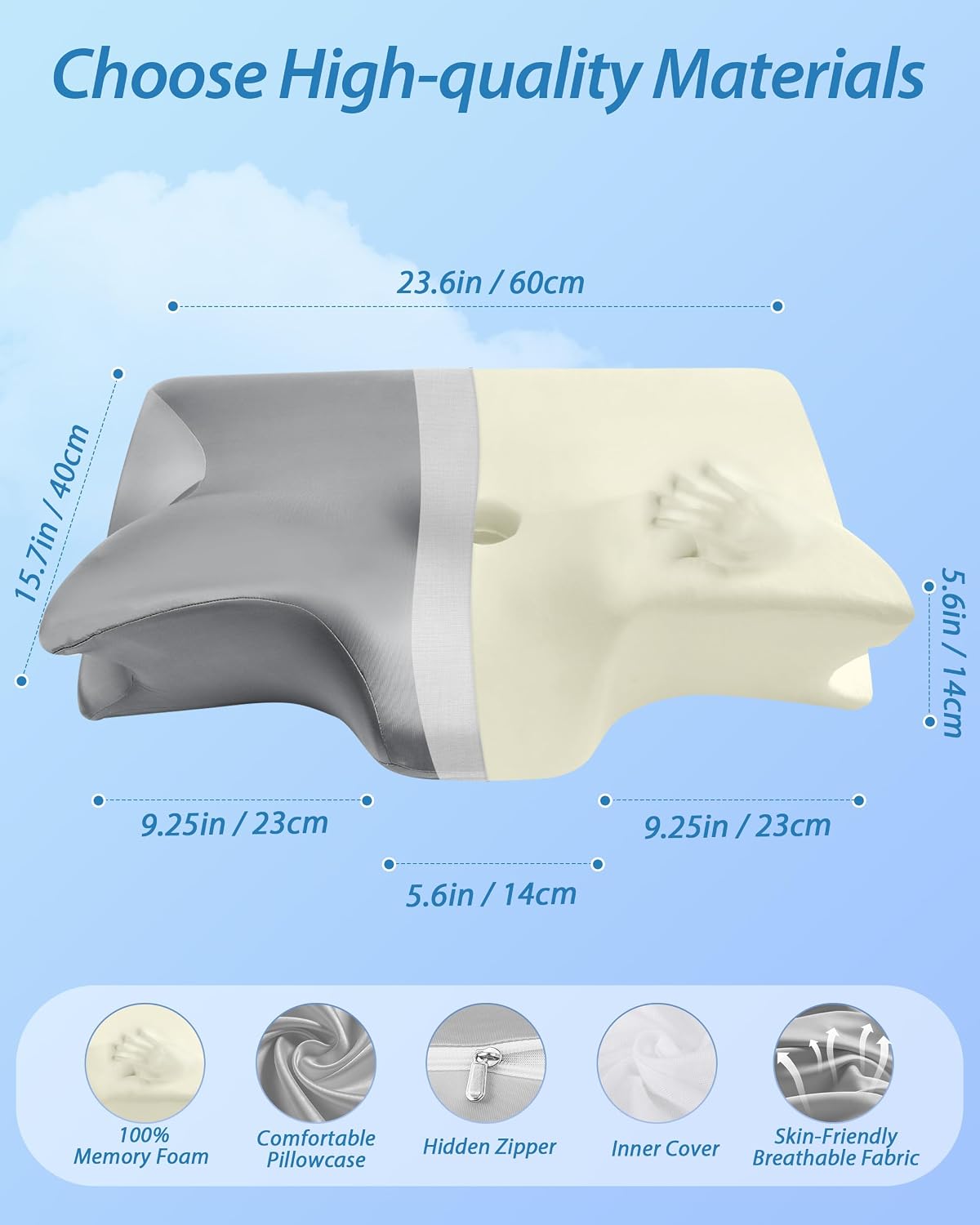 HOMCA Memory Foam Cervical Pillow, 2 in 1 Ergonomic Contour Orthopedic Pillow for Neck Pain, Contoured Support Pillows for Side Back Stomach Sleepers