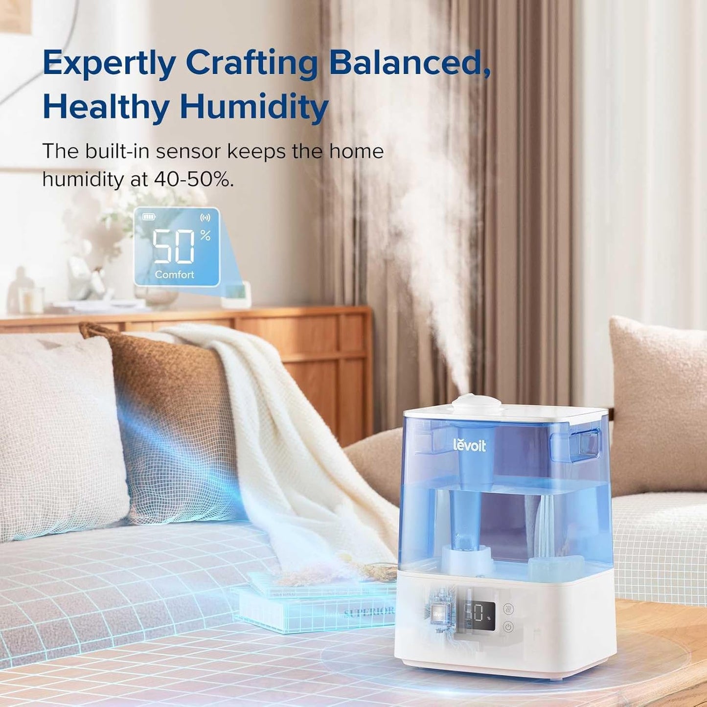 LEVOIT Humidifiers for Bedroom Large Room Home, (6L) Cool Mist Top Fill Essential Oil Diffuser for Baby & Plants, Smart App & Voice Control, Rapid Humidification & Auto Mode - Quiet Sleep Mode, Gray