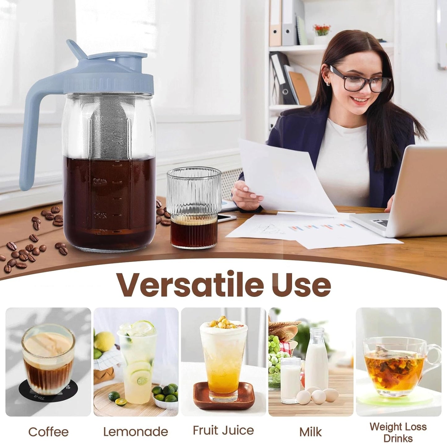 Cold Brew Coffee Maker,64 oz Mason Jar Pitcher with Stainless Steel Filter, Pour Spout Handle Lid, Heavy Duty Glass Airtight & Leak-Proof for Iced Coffee,Tea & Lemonade