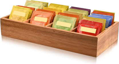 Acacia Wood Tea Bag Organizer with 8 Slots – Tea Bag Holder and Tea Organizer, Sugar Packet Storage for Countertops