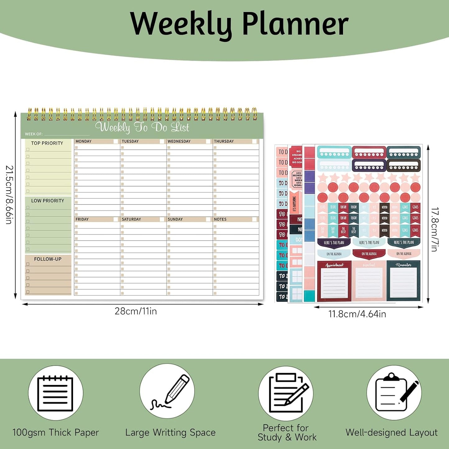 Thboxes Weekly To Do List Notepad, 8.5"x11" Desk Planner 52 Sheets, Green | 100GSM Paper Undated Habit Planner, Productivity Organizer Notepad, for Home School Office Work, Travel, College Essentials