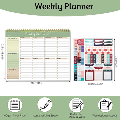 Thboxes Weekly To Do List Notepad, 8.5"x11" Desk Planner 52 Sheets, Green | 100GSM Paper Undated Habit Planner, Productivity Organizer Notepad, for Home School Office Work, Travel, College Essentials