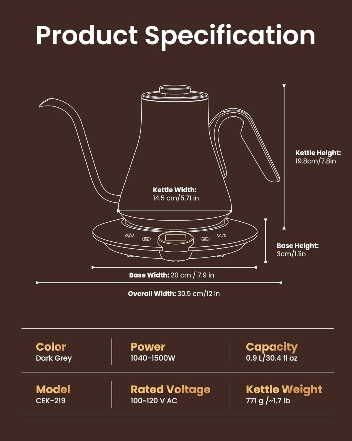 INTASTING Gooseneck Electric Kettle with ±1℉ Temperature Control 0.9 Liter