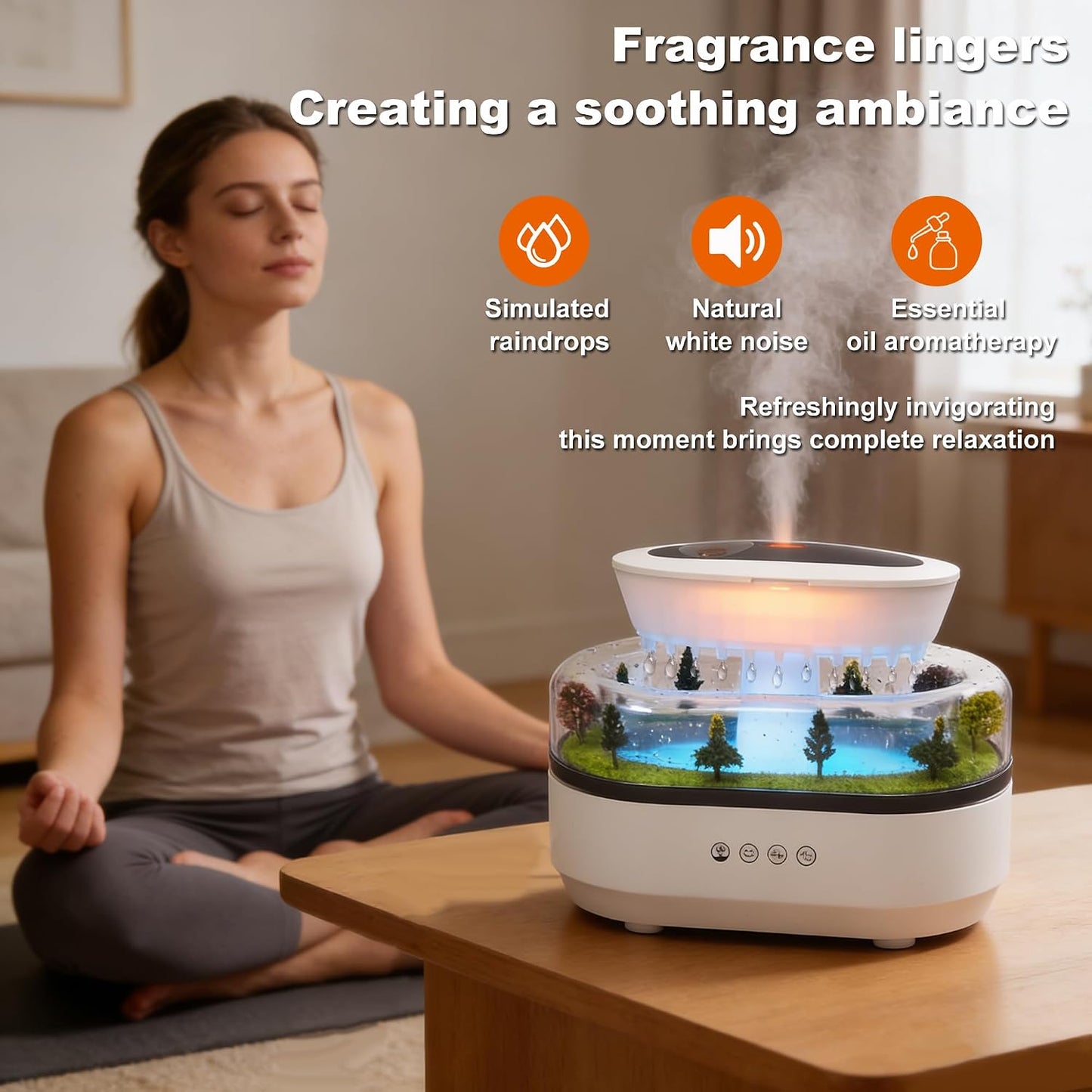 Essential Oil Diffusers, 7-Color Rainfall Cloud | Silent Rain Lamp Timer, Music & Micro Landscape Ultrasonic, Water Drip Sound, For Bedrooms, Offices, Hotels