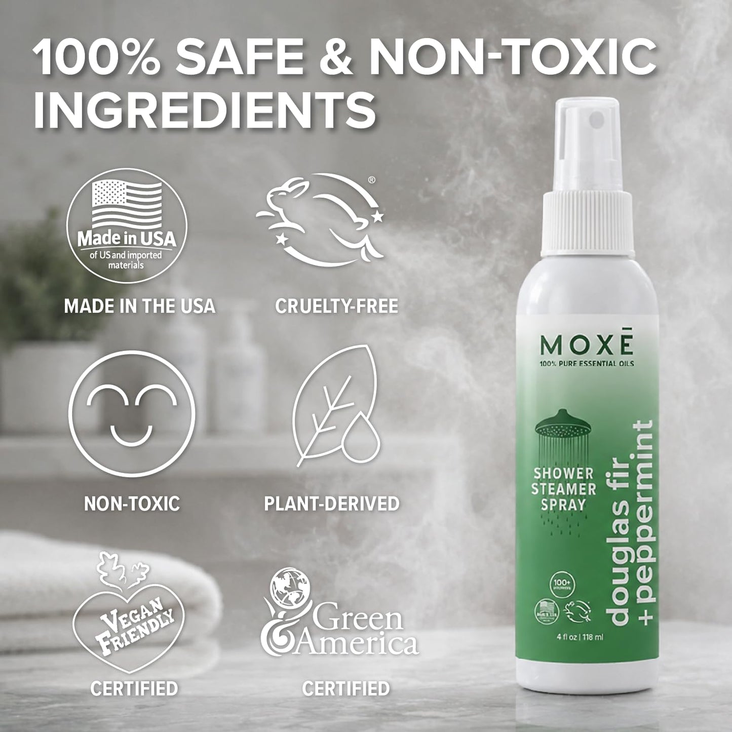 MOXĒ Eucalyptus Oil Shower Mist, Spa Steam Spray, Certified Natural 100% Essential Oils, Made in USA, Aromatherapy, Sinus Congestion Relief, Tension Relief, 4 Ounces