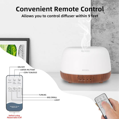 SEEDSEEL 300ML Essential Oil Diffuser with 7-Color LED Lights and Remote Control, Modern Minimalist Design, High-Efficiency Ultrasonic Mist Aromatherapy Diffuser for Home
