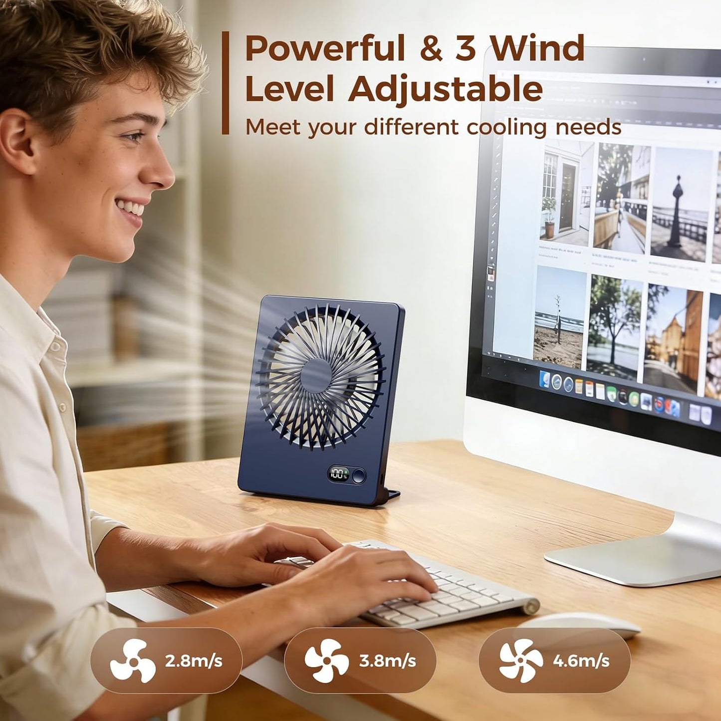 Zuvas Desk Fan Battery Operated Fan Rechargeable 180°Tilt Folding Personal Fan Ultra Quiet Small Portable 3 Speed Adjustable Strong Wind Fan For Office Bedroom Home Desktop Camping (White)