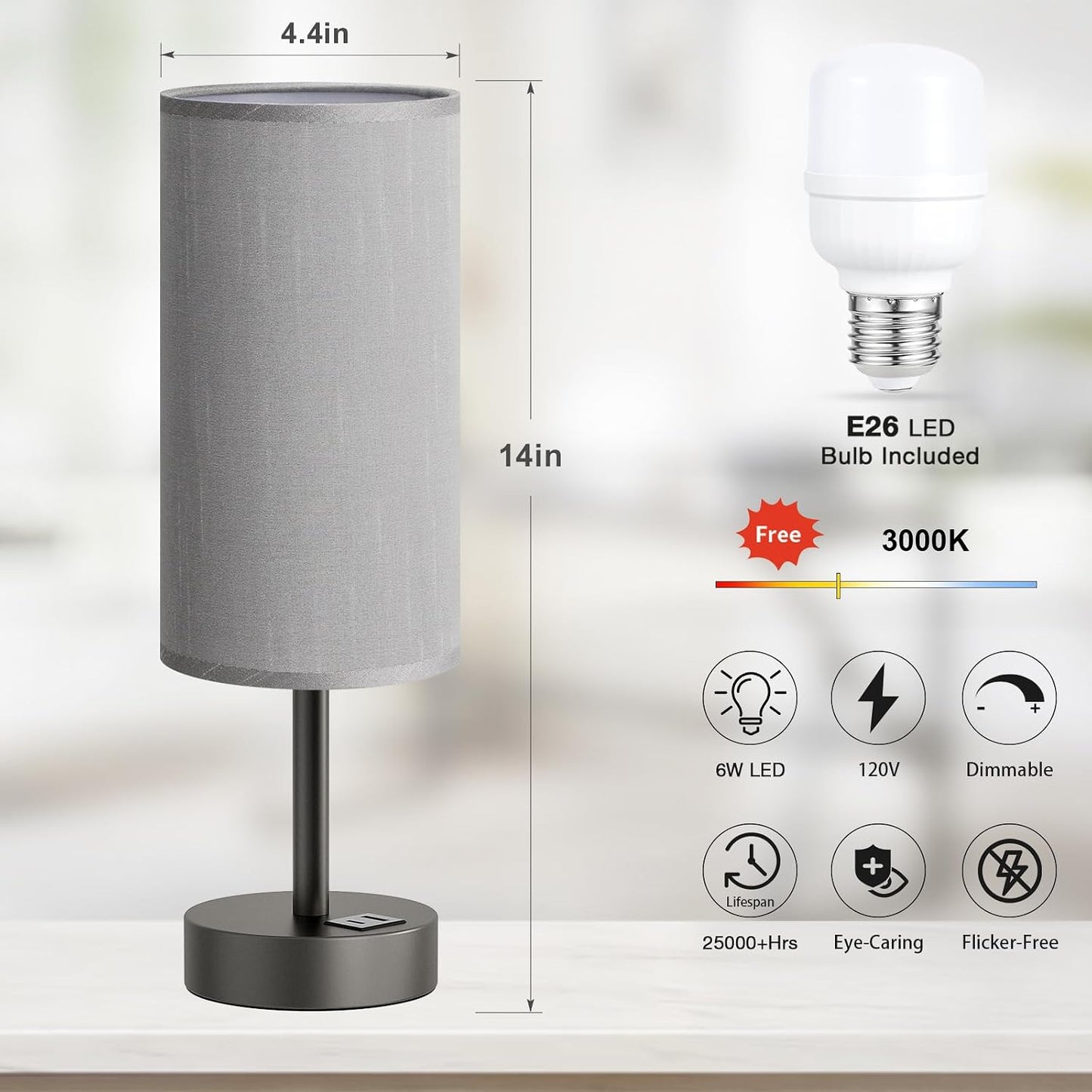 Dicoool Touch Bedside Table Lamp with USB - 3 Way Dimmable Wood Lamp for Bedroom Nightstand, Desk Lamp with Charging Station for Dorm, Living Room, Office, Kids Room, Small, 14in