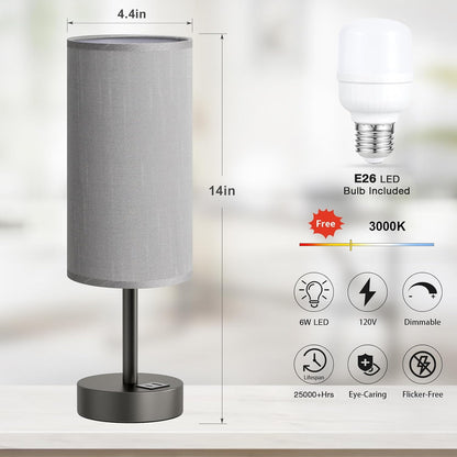 Dicoool Touch Bedside Table Lamp with USB - 3 Way Dimmable Wood Lamp for Bedroom Nightstand, Desk Lamp with Charging Station for Dorm, Living Room, Office, Kids Room, Small, 14in
