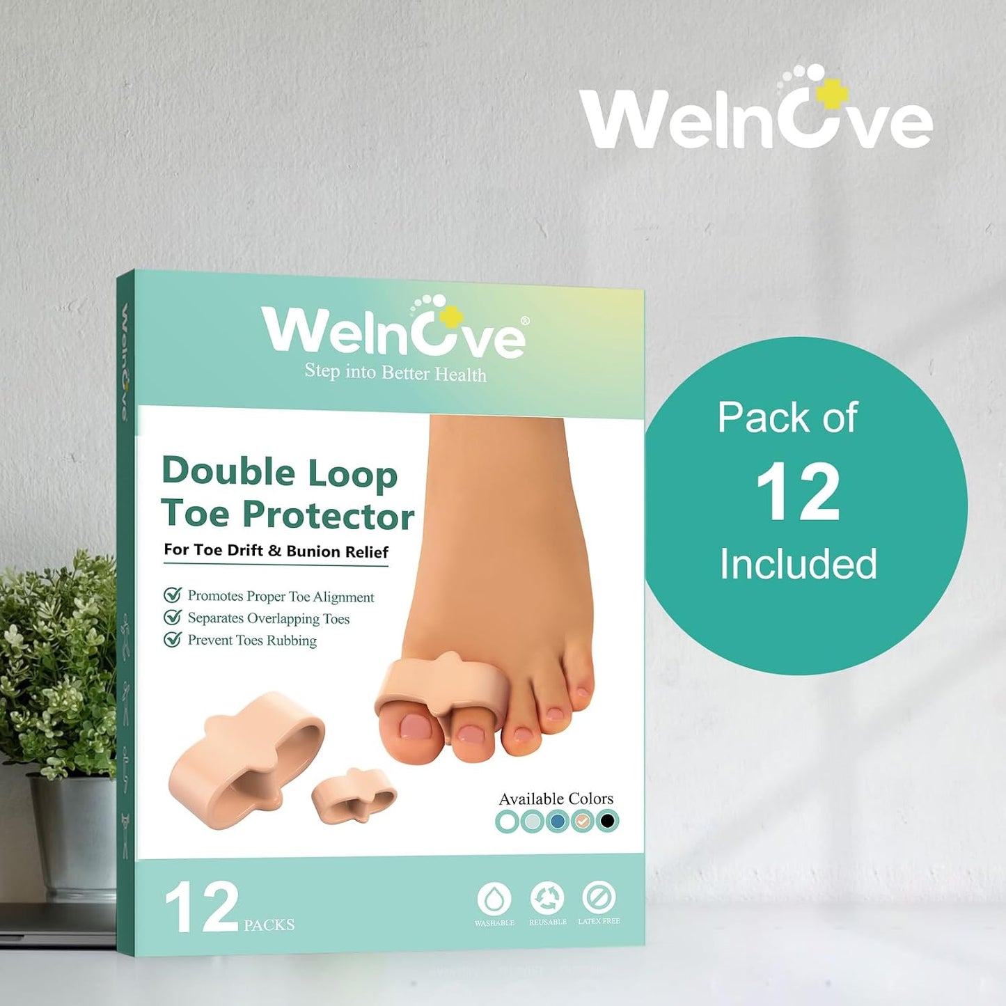 Welnove Pack of 12 Bunion Corrector, Toe Separators with 2 Loops, Big Toe Spacer Suitable for Bunion and Overlap Toe (White)