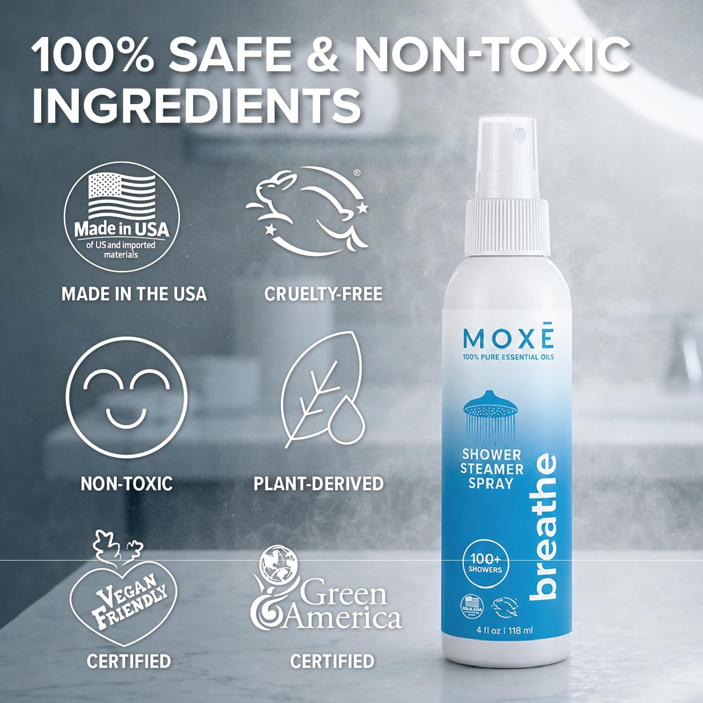 MOXĒ Eucalyptus Oil Shower Mist, Spa Steam Spray, Certified Natural 100% Essential Oils, Made in USA, Aromatherapy, Sinus Congestion Relief, Tension Relief, 4 Ounces