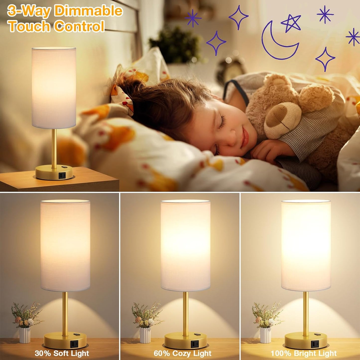 Dicoool Touch Bedside Table Lamp with USB - 3 Way Dimmable Wood Lamp for Bedroom Nightstand, Desk Lamp with Charging Station for Dorm, Living Room, Office, Kids Room, Small, 14in