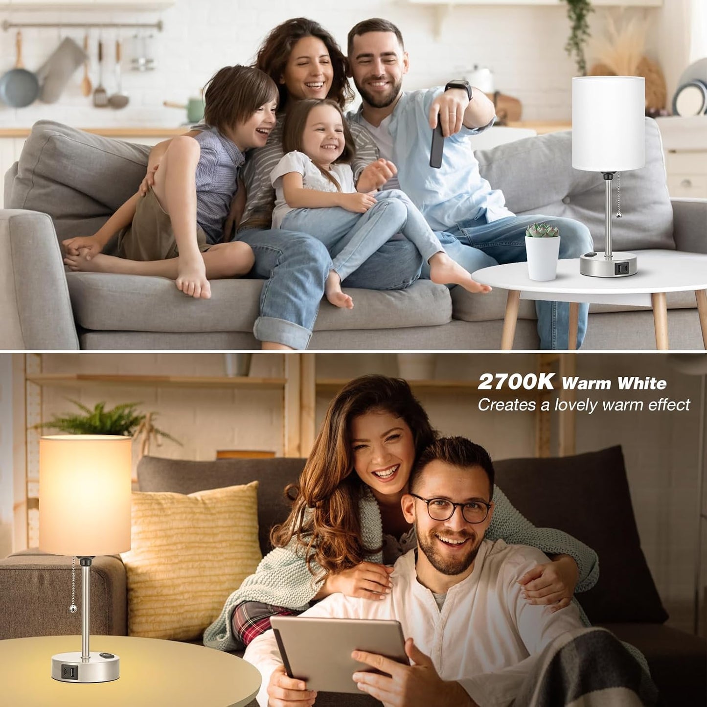 Small Bedside Table lamp for Bedroom - 3 Color Temperatures Bedside Lamps with USB C and A Ports, Pull Chain Table Lamps with AC Outlet, White Nightstand Lamps with Black Metal Base for Kids Reading