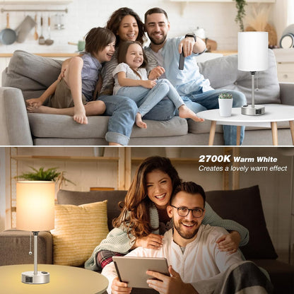 Small Bedside Table lamp for Bedroom - 3 Color Temperatures Bedside Lamps with USB C and A Ports, Pull Chain Table Lamps with AC Outlet, White Nightstand Lamps with Black Metal Base for Kids Reading
