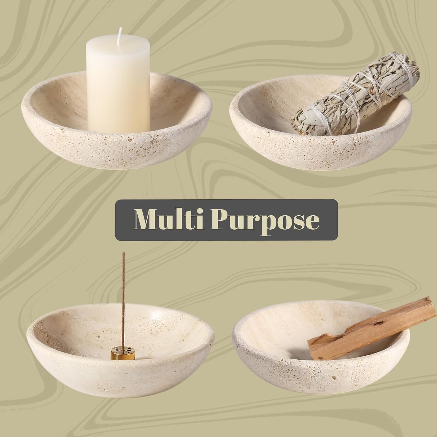 Koville Natural Marble Incense Holder, Incense Holder for Sticks with 9 Holes, Handmade Incense Burner Ash Catcher for Meditation Yoga SPA, Balsam Fir/Palo Santo/Sage/Cone (White)