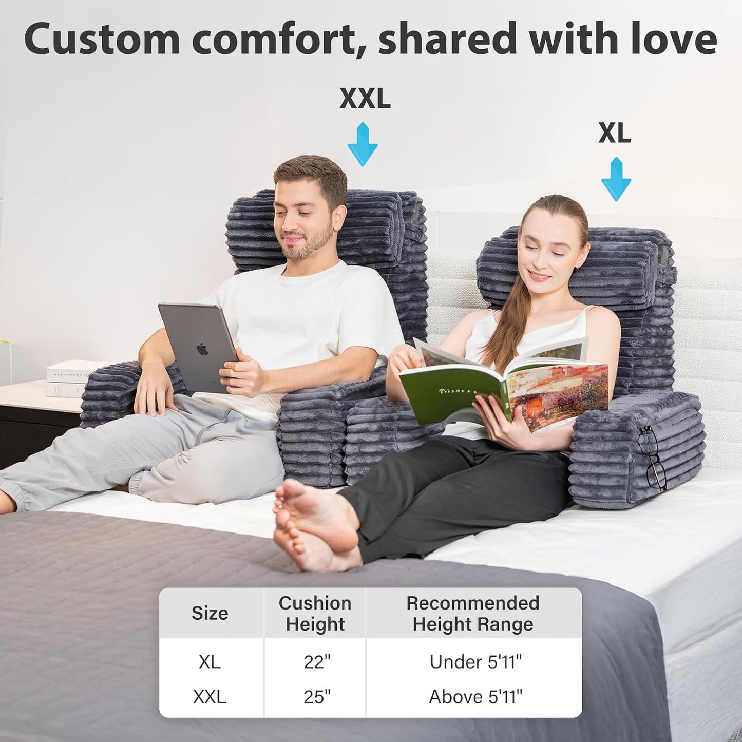 ENITYA 22" XL Back Pillow for Bed Sitting Up, Reading Pillow with Armrests & Big Pockets, Soft Back Support Chair, Ideal for Watching TV, Gaming, Nursing, Resting, Post Surgery, Dark Grey