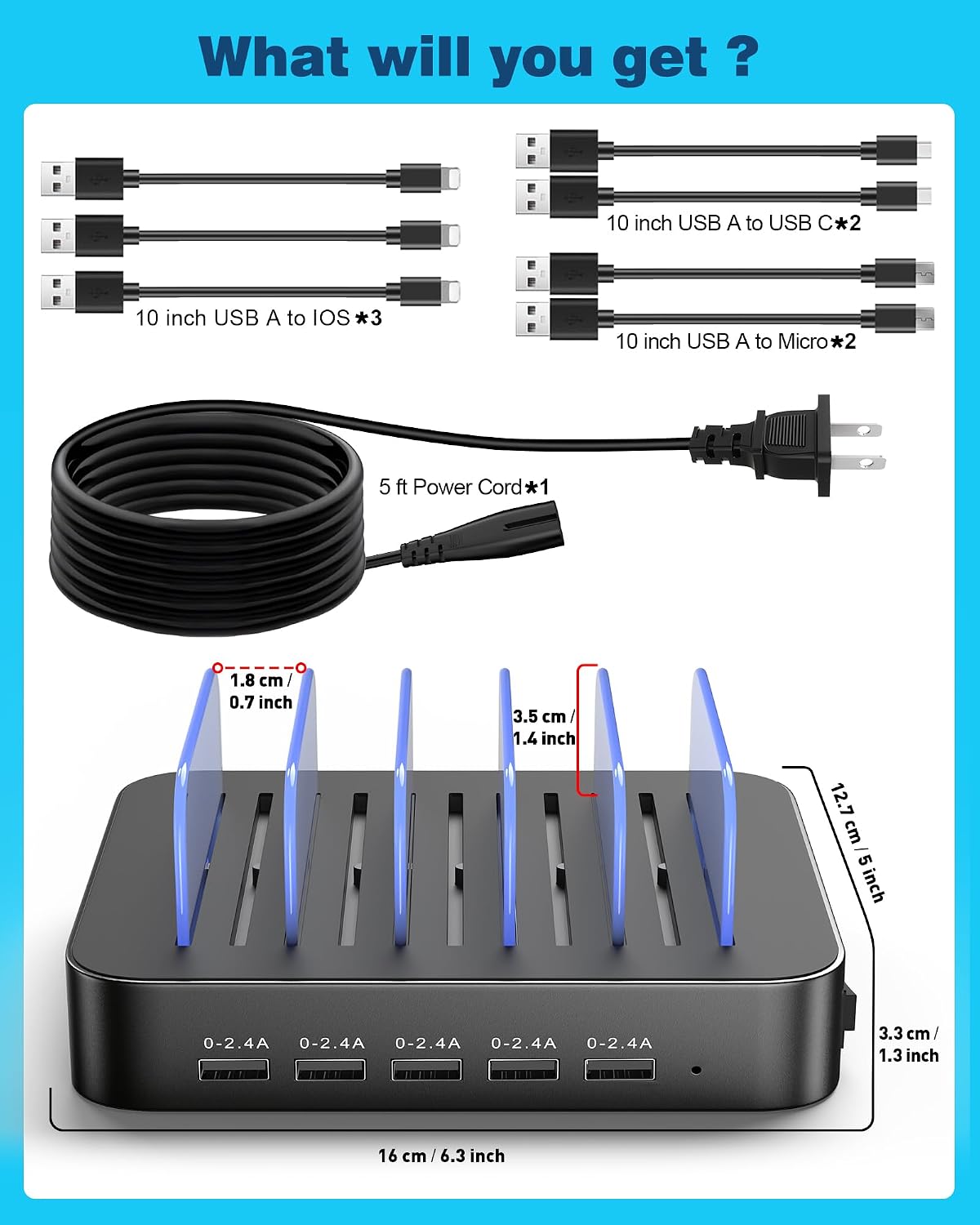 MSTJRY Charging Station for Multiple Devices : 5 Port Multi USB-A Charger Stations Multi-Device Organizer Charging Dock Designed for iPhone iPad Cell Phone Tablets (7 Short Cables Included)