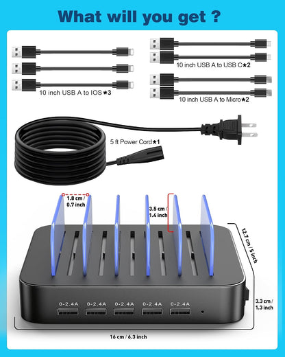 MSTJRY Charging Station for Multiple Devices : 5 Port Multi USB-A Charger Stations Multi-Device Organizer Charging Dock Designed for iPhone iPad Cell Phone Tablets (7 Short Cables Included)