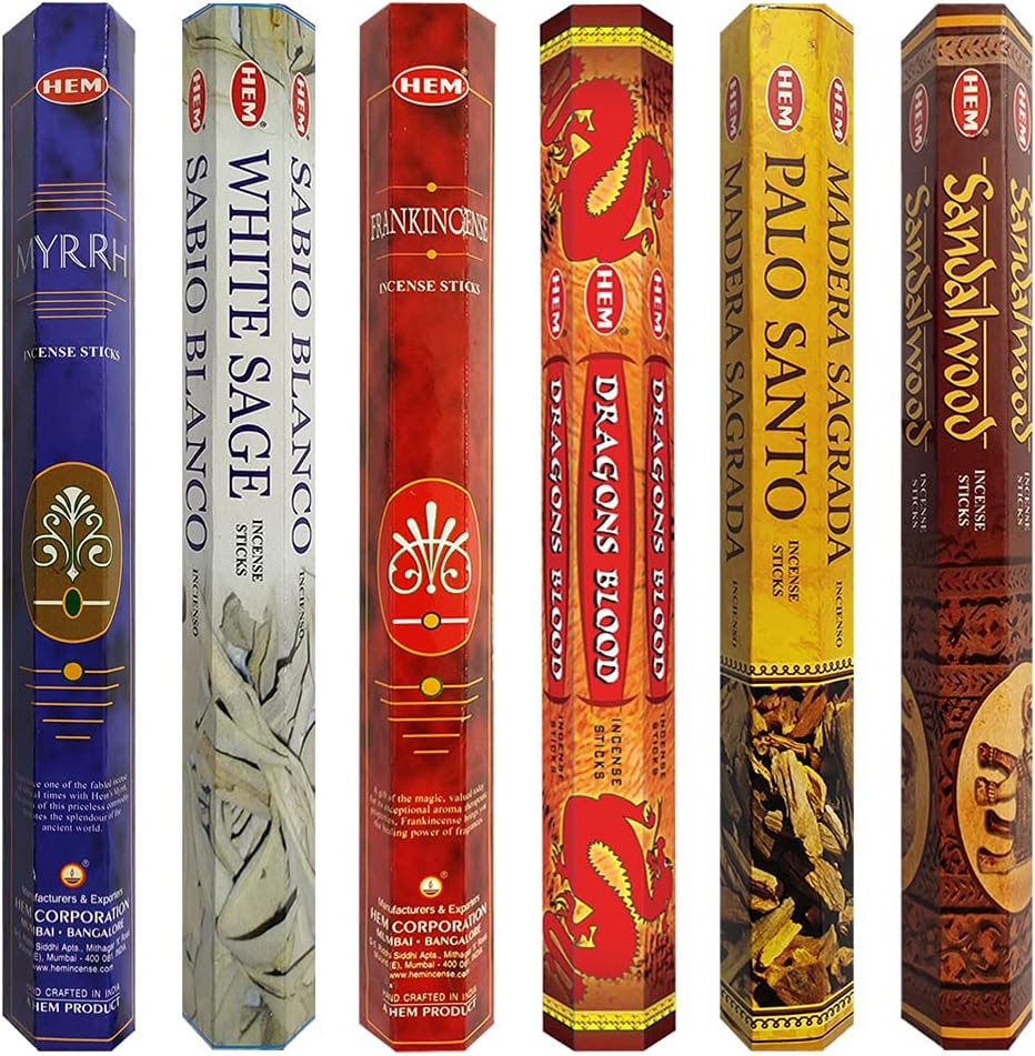 Hem Incense Sticks Variety Pack #23-120 Insence-Sticks (6 Incents x 20 Insense) + Incense Stick Holder with 6 Most Liked Scents Including Patchouli Dragons Blood White Sage Frankincense-Myrrh