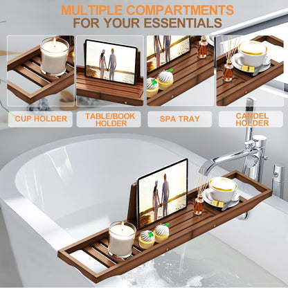 Bathtub Tray Caddy - Bath Tray - Bath Tub Table Tray Caddy - Bamboo Bath Tray for Tub