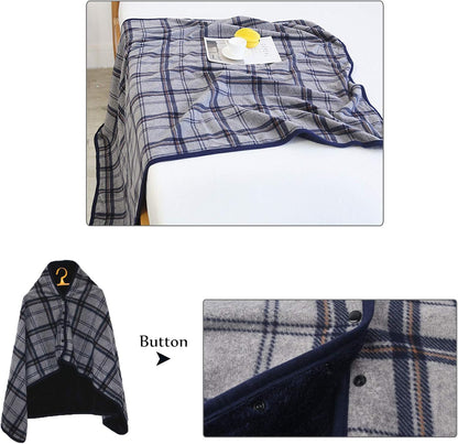 forestfish Fleece Wearable Blanket, Plaid Lap Blanket Comfy Poncho Throw with Buttons for Bed Sofa Office, Grey-White