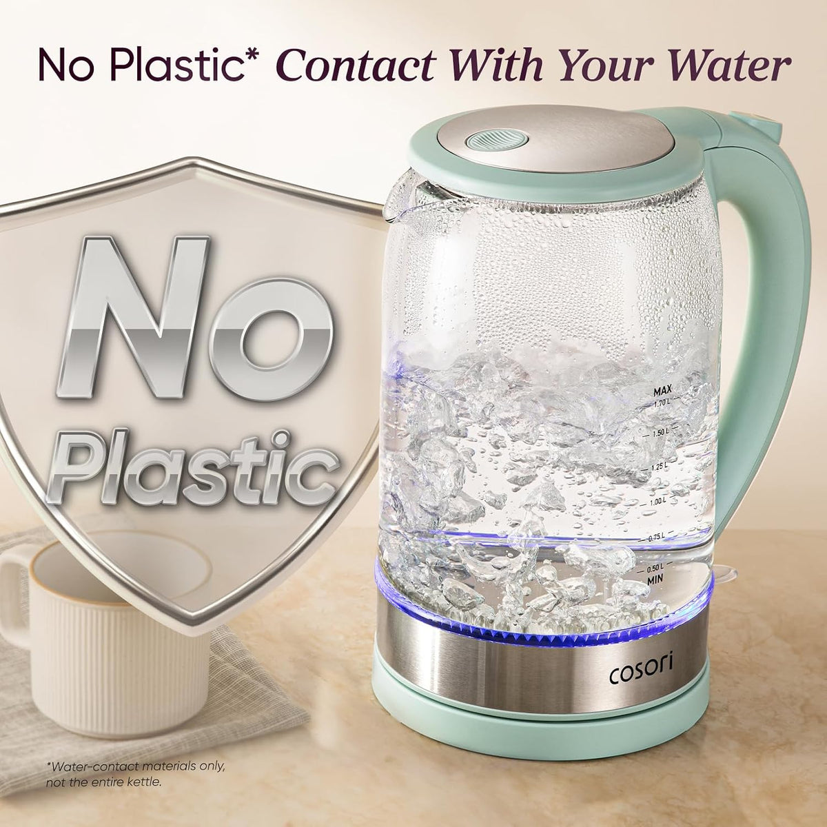 Cosori Electric Kettle, No Plastic Contact with Water, 1.7L, White