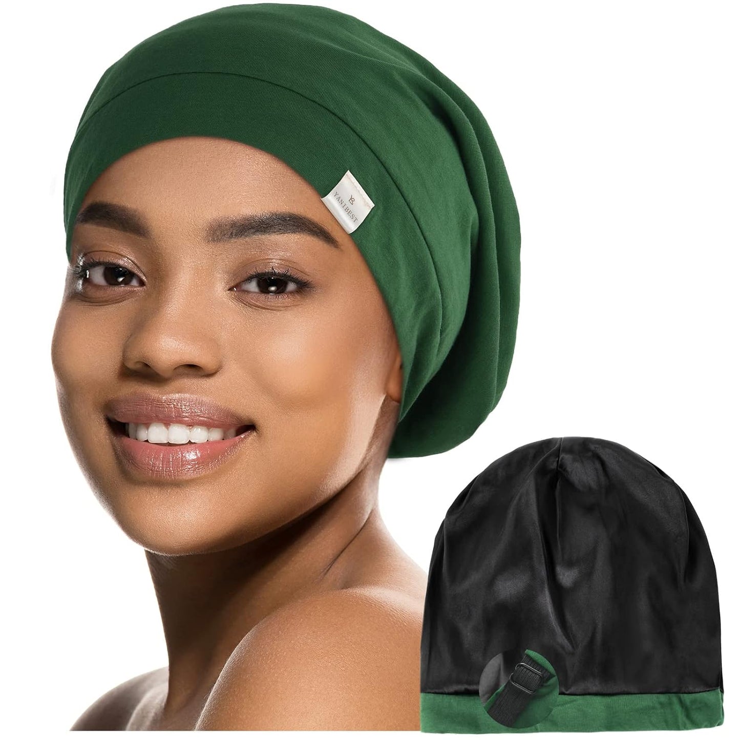 YANIBEST Hair Cover Bonnet Satin Sleep Cap - Adjustable Stay on Silk Lined Slouchy Beanie for Night Sleeping Surgical Hats Pure Black
