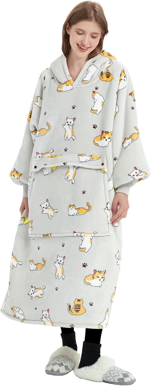 KFUBUO Wearable Blanket Hoodie for Adults Sherpa All Patterns Cat Oversized Sweatshirt Blanket with Pockets for Women