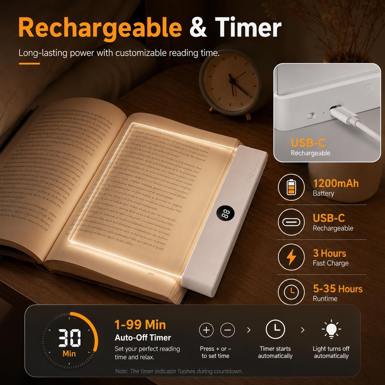 Smart 2 in 1 LED Book Light & Night Light, with 3 Colors, Stepless Dimming