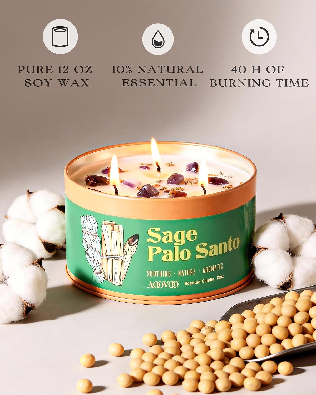 AOOVOO Sage Candle for Cleansing - 3 Wick 12oz Large Scented Candle with Crystals & Sage Leaves Inside, Soy Candles Non Toxic for Meditation Spiritual Gift, Aromatherapy Candle for Women Men