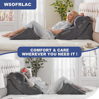 4PCS Orthopedic Bed Wedge Pillow Set for Sleeping, Post Surgery Foam Support Pillows for Back, Neck and Leg Pain Relief, Adjustable Triangle Pillow – Acid Reflux, GERD & Snoring Recovery, White Grey