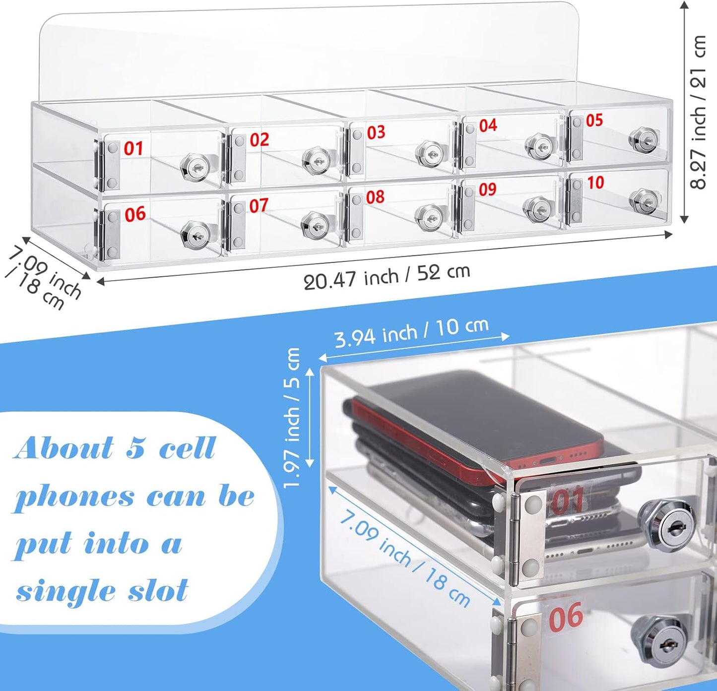 Threan 12 Slot Cell Phone Storage Box, Acrylic Clear Cell Phone Storage Cabinet Wall Mounted with Door, Locks and Keys for Office School Factory