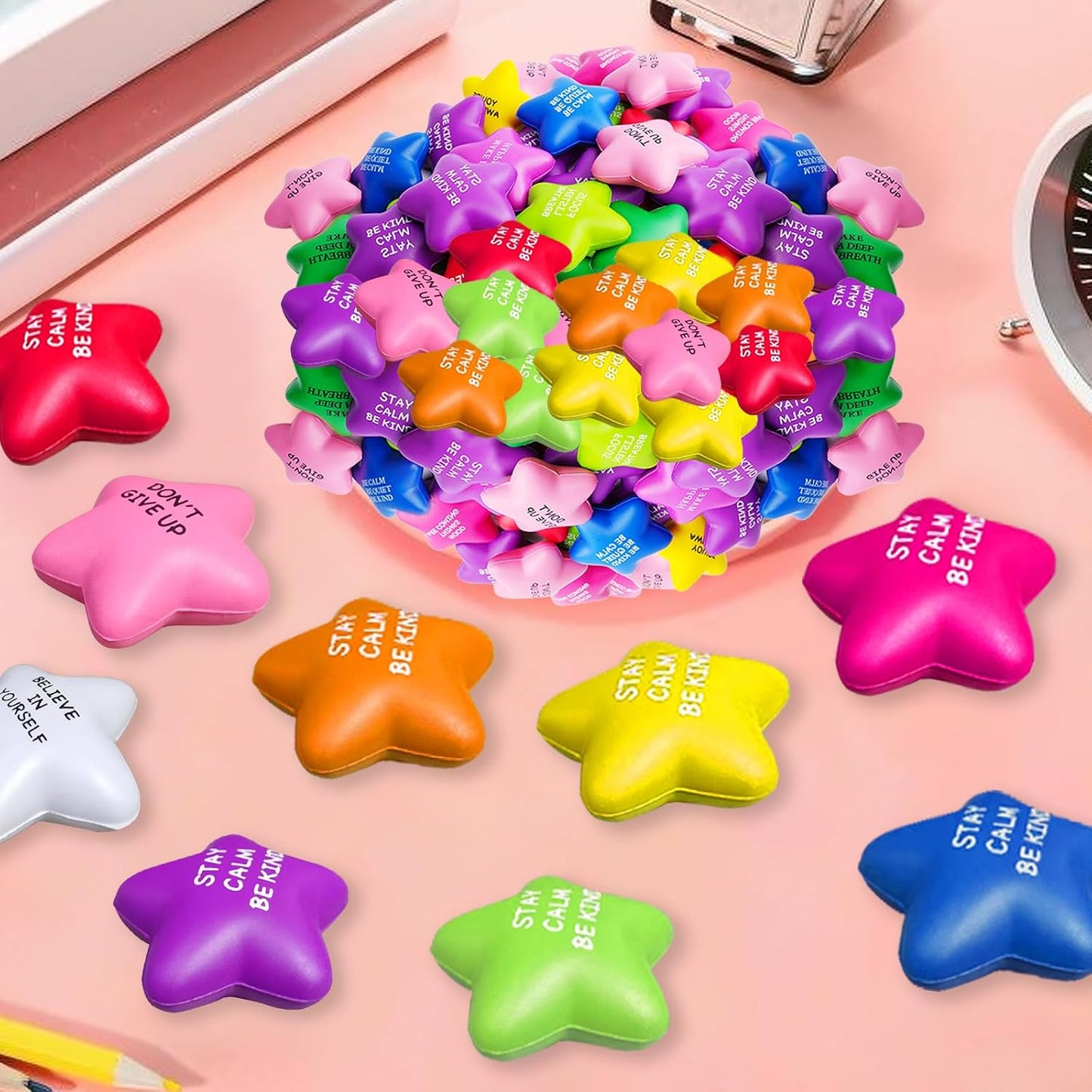 SHQDD 12PCS Bulk Star Stress Balls for Adults & Kids - Motivational Quotes Soft Foam Stress Relief Squeeze Toys, Fidget Anxiety & Anger Relief at Work/School/Home, Perfect Party Favors (Multi-Color)